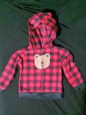 Carter's Red and Black Plaid Hooded Zip Sweatshirt with Bear Patch